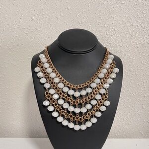 Statement Necklace Gold Tone Layered Bib with Faceted Ivory Beads Collar